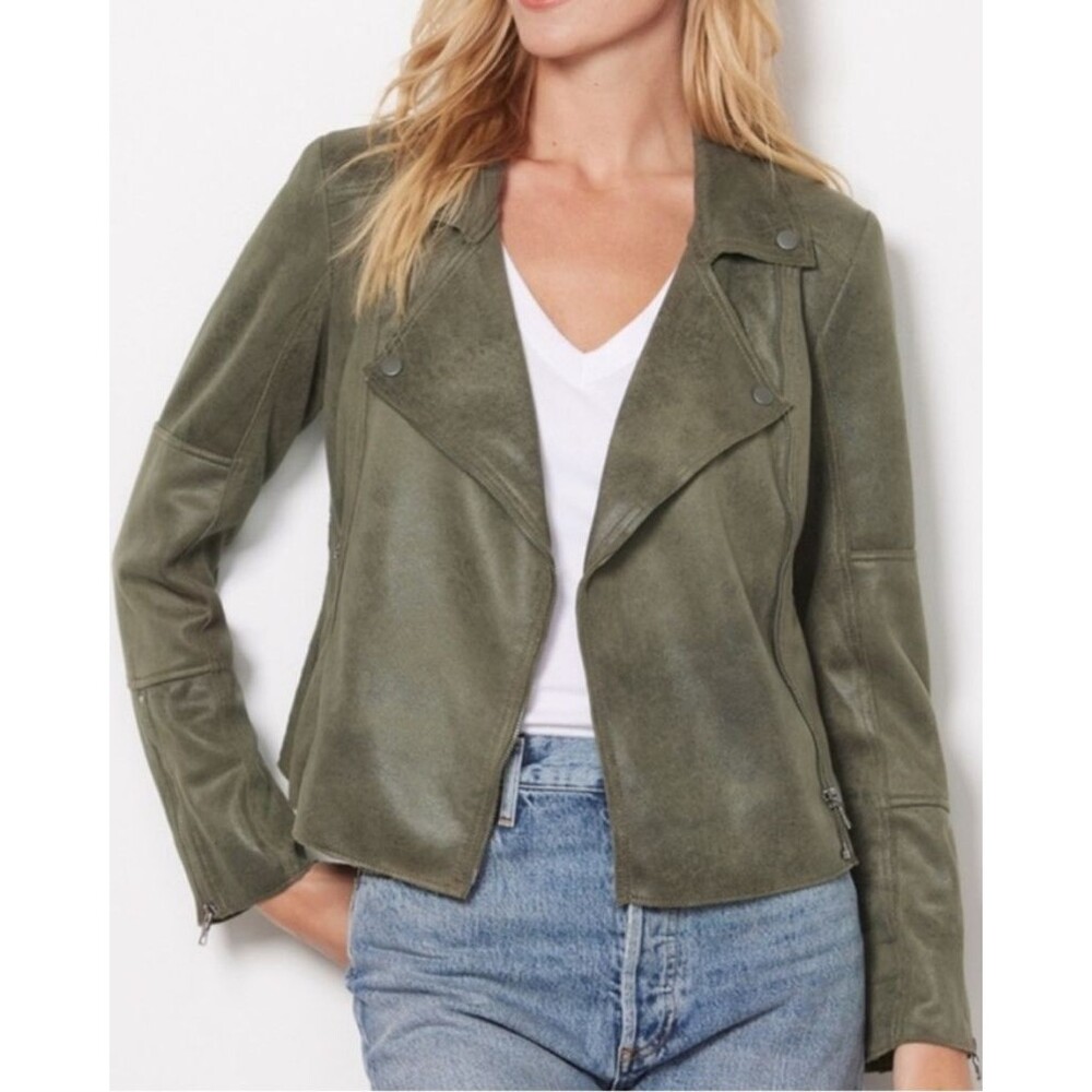 Evereve Marren Moto Jacket Micro Suede Asymmetrical Full Zip Moss Green sz S EUC